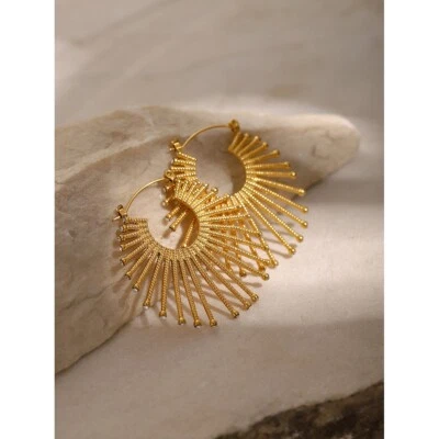 Woman 18K Gold Plated Big Hoop Sun Fan CZ Earring Clip Drop Dangle - Image 1 of 4