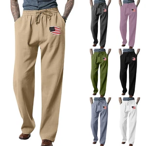 Men's Pants Lightweight Elastic Waist Printed Loose Fit Work Dress Pants Pockets - Picture 1 of 24