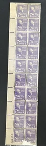 US Stamps-SC# 807 - Jefferson - Plate Strip Of 20 - With Ghost Plate # In Middle - Picture 1 of 2