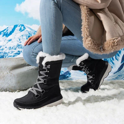 Botas de nieve de invierno forradas de piel aisladas para mujer botas de esquí cálidas con cordones Foto 1 de 4