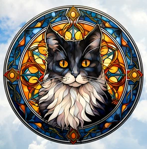Tuxedo Cat Faux Stained-Glass WINDOW CLING Sun-catcher Size 8" Round - Picture 1 of 2