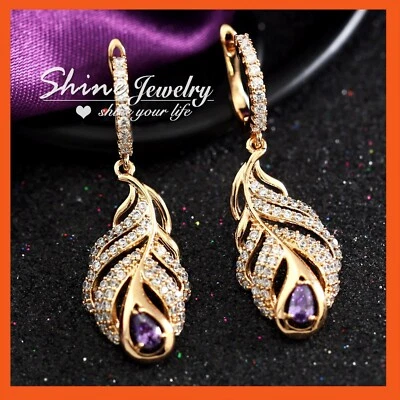 18K GOLD GF WOMEN LUXURY PURPLE AMETHYST DROP FEATHER WING DRESS DANGLE EARRINGS Foto 1 de 4