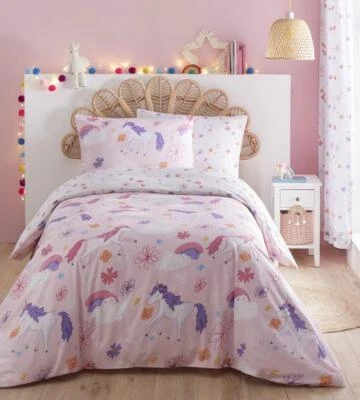 Girls pink unicorn bedding duvet set pastel colour bedroom quilt cover  - Image 1 of 4
