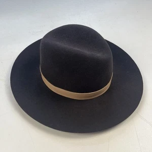 Janessa Leone Hat Fedora Womens Wool Dark Brown Felt Beige Leather Band Sz S 21” - Picture 1 of 13