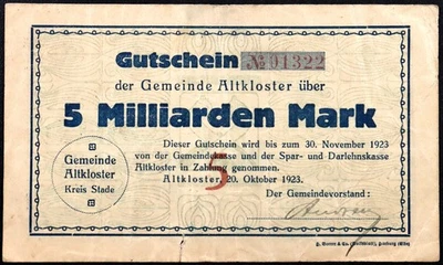 ALTKLOSTER 1923 5 Billion = 5 Milliarden Mark Inflation Notgeld Banknote Germany - Image 1 of 2