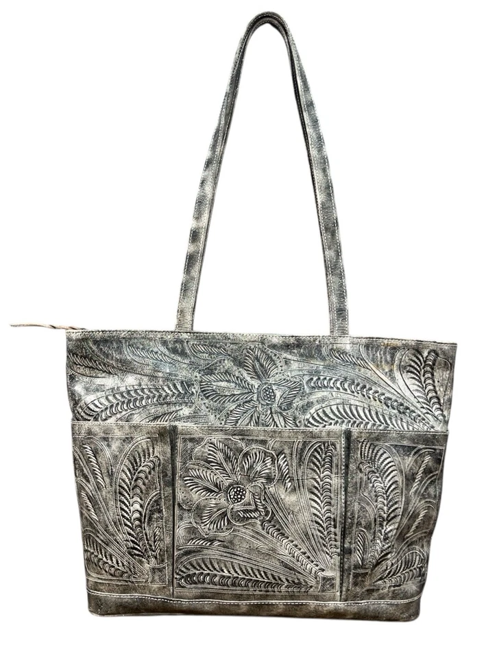 Leaders in Leather Tooled Gray Tote Shoulder Bag Western Boho Cowgirl Rodeo - Image 1 of 4