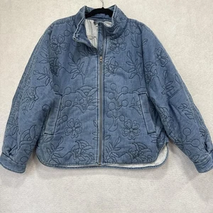 Sundance Jacket Womens Medium Blue Denim Quilted Floral Full Zip Pockets Lined - Picture 1 of 8