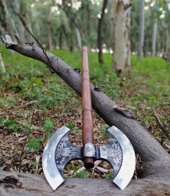 Custom Hand Forged Double Headed Viking Axe,Double Blade Axe with leather sheath - Image 1 of 4
