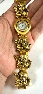 Vintage Watch Bracelet Cherub Angels Matte Goldtone Runs New Battery 90s Style - Picture 1 of 10