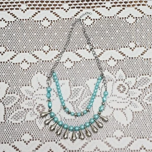 Collar Babero Cascada Boho Azul Turquesa Tono Plata Lágrima En Capas - Imagen 1 de 10