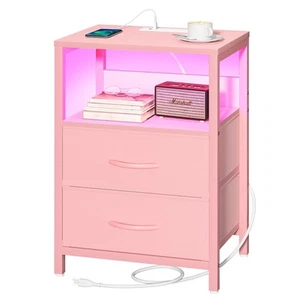 Nightstand with Charging Station, LED Night Stand with Fabric Drawers and Sto... - Picture 1 of 8