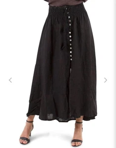 Gigi Moda Neu mit Etikett gesmokte Taille schwarz Maxirock vorne Schlitz Knöpfe zum Binden Einheitsgröße Leinen - Bild 1 von 8