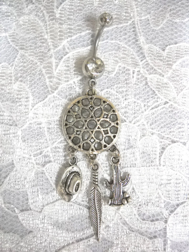 STAR FLOWER DREAM CATCHER 3 DANGLING COWGIRL HAT FEATHER CACTUS BELLY RING BAR - Image 1 of 1