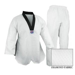 New V-Neck Taekwondo Deluxe Jaquard Diamond Fabric Gi Uniform White w Black Trim - Picture 1 of 4