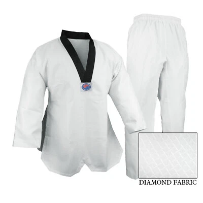 PROWIN CORP New V-Neck Taekwondo Deluxe Jaquard Diamond Fabric Gi Uniform White w Black Trim