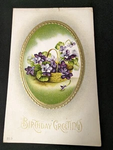 1910 Vintage Birthday Wishes Postcard Stamped Addressed Purple Flowers Basket - Picture 1 of 2