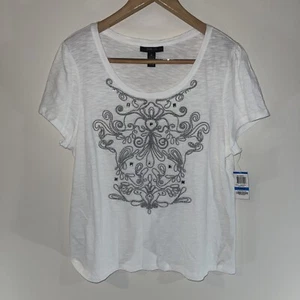 NWT Style & Co. Women Short Sleeve Graphic T-Shirt, White XL Gray Rhinestones - Picture 1 of 4