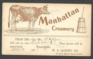  DATED 1898 PC BOSTON MA MANHATTAN CREAMERY SALESMANS CALLING CARD SEE INFO - Picture 1 of 1