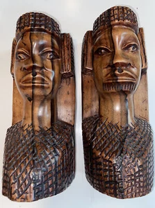Vin African Hand Carved Statue Book Ends Warrior Tribal Female Heads Fine Arts - Picture 1 of 11