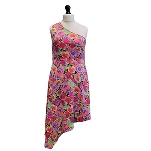 Warehouse Silk Dress Pink Floral Fit & Flare Summer One Shoulder L 12 Women's - Picture 1 of 6