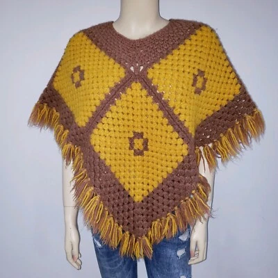 Poncho Cuadrado Abuela De Colección Hecho a Mano Crochet Afgano Boho Capa Hippie Festival Foto 1 de 4