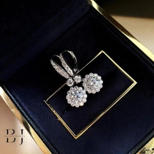 2.50 CT Floral Round Cut  Moissanite Drop/Dangle Earrings Solid 14K White Gold - Picture 1 of 7