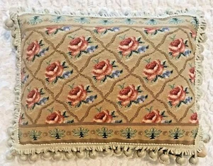 Victorian Floral ROSES Wool NEEDLEPOINT Pillow w TASSELS Rectangular Velvet Back - Picture 1 of 5