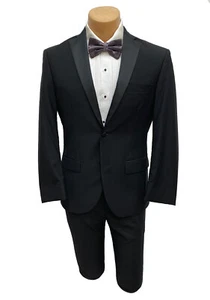 Esmoquin negro con pantalones delanteros planos solapas satinadas de grano grueso ajuste moderno 44L 38W - Imagen 1 de 5