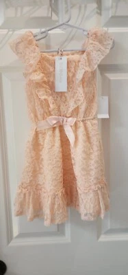 Vestido BCBGirls talla 4 color melocotón encaje y volantes satinado lazo en la cintura delantera  Foto 1 de 4