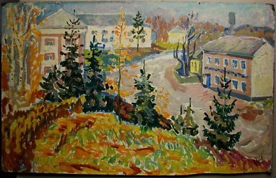 Pintura a óleo soviética ucraniana pós-impressionismo paisagem urbana cidade pequena  - Imagem 1 de 4