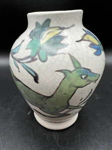 Pottery Barn Iznik Crackleware Ceramic Decorative Vase 5" Deer Birds Flower - Picture 1 of 10