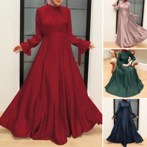 Women Silky Satin Muslim KAftan Abaya Long Sleeve Round Neck Long Maxi Dress NEW - Picture 1 of 16