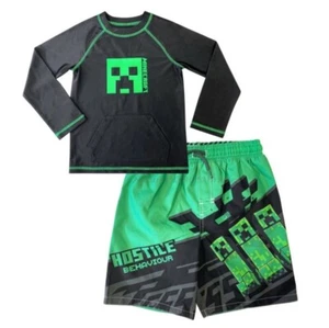 Minecraft Boys Swimsuit Size 4 5 7 8 12 Swim Trunks Rash Guard Shirt Set Creeper - Picture 1 of 3