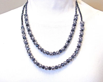 Серый жемчуг и черное стекло бусина мульти ряд ожерелье с кружевом вокруг бисера новый - Изображение 1 из 4