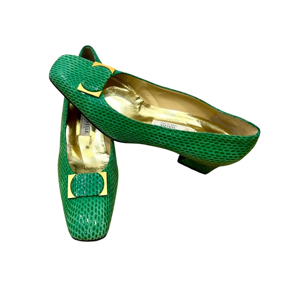 Vtg Italian Green Heels Venezia Designer 80s 7.5 Animal Skin Made In Italy Gold - Image 1 of 4
