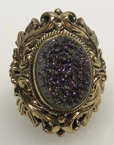 NICKY BUTLER Gold Plated Bronze Purple Druzy Quartz Ring Size 8 Used Condition - Picture 1 of 2