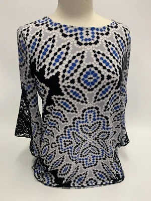 ALFANI Woman's Blue White Multicolor Lace Angel-Sleeve Top Blouse Size Medium - Image 1 of 4