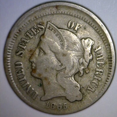 1865 ERROR Off Center THREE CENT NICKEL VF + Coin NICE EARLY O/C 3c Cent Pc.  NR - Image 1 of 2