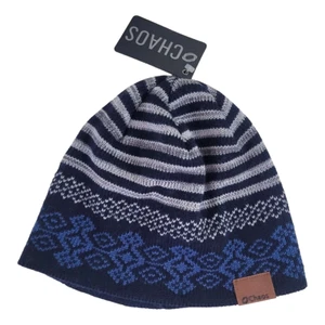 Chaos Blue Wool Beanie Toque for Winter, Knit Stripped Warm Christmas Hat - Picture 1 of 4