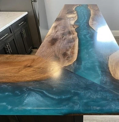 Tapa de barra 36x18" de resina epoxi azul océano en forma de L | Cocina encimera de río Foto 1 de 4
