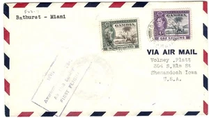 Gambia 1942 FFC first flight cover Bathurst to Miami, franked 2/6d, 1s - Picture 1 of 1