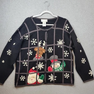 Vintage Mandal Bay Cardgan Womens XL Black Knit Santa Snowman Holiday Sweater - Picture 1 of 18