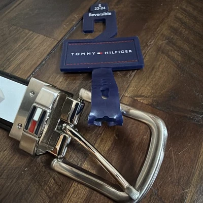 男式男孩双面 Tommy Hilfiger 黑色棕色皮革腰带小号 22 24 全新带标签 — 第 1/4 张图片