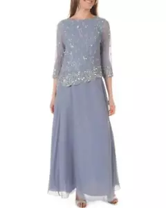 J KARA 8 Dusty Blue & Silver Beaded Vines Chiffon Gown NWT $248 - Picture 1 of 4