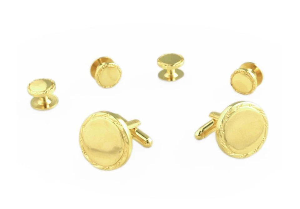 Gemelos y tachuelas de esmoquin enchapados en oro de borde redondo grabables Foto 1 de 1