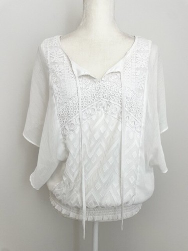 Camicetta donna Alyx taglia M bianca scollo a V pizzo sovrapposizione maniche kimono larghe foderata