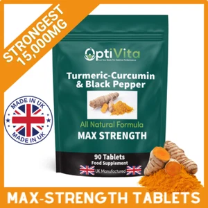 STRONGEST Turmeric Curcumin 15,000mg Tumeric Tablets + Black Pepper Capsules UK - Picture 1 of 8