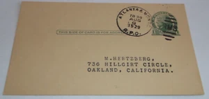 1929 ATLANTA & WEST POINT WESTERN OF ALABAMA ATLANTA & MONTGOMERY RPO POST CARD - Picture 1 of 1