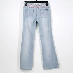Angels Low Rise Sz 11 Vtg Stretch Flare Jeans Pink Crystal Embroidery Light Wash - Picture 1 of 14