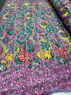Lavender Sequins Embroidery Lace Fabric Sold By The Yard AFRICAN LACE FISH NET - Image 1 of 4
